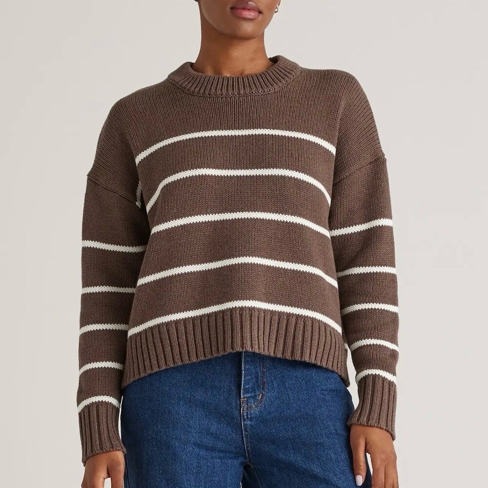 Quince Organic Cotton Striped Crew Sweater Womens Size S Brown Pullover